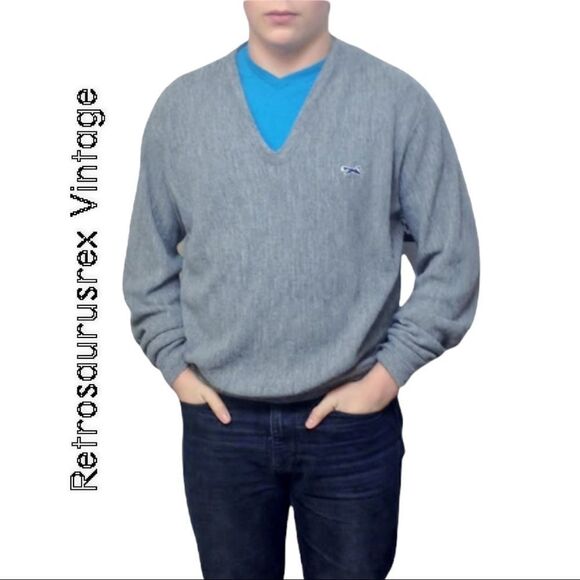 VINTAGE 1960's grey fox collection hipster pullover V neck sweater, size XL - Picture 3 of 6